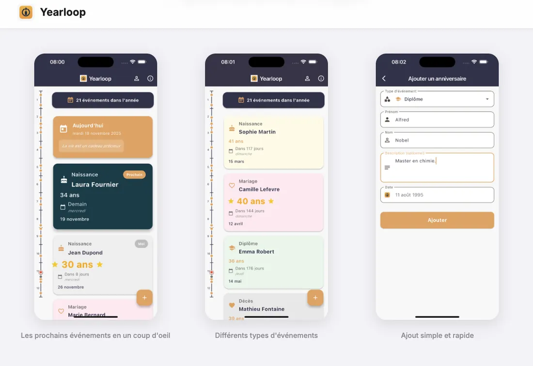 Aperçu de l'application Yearloop
